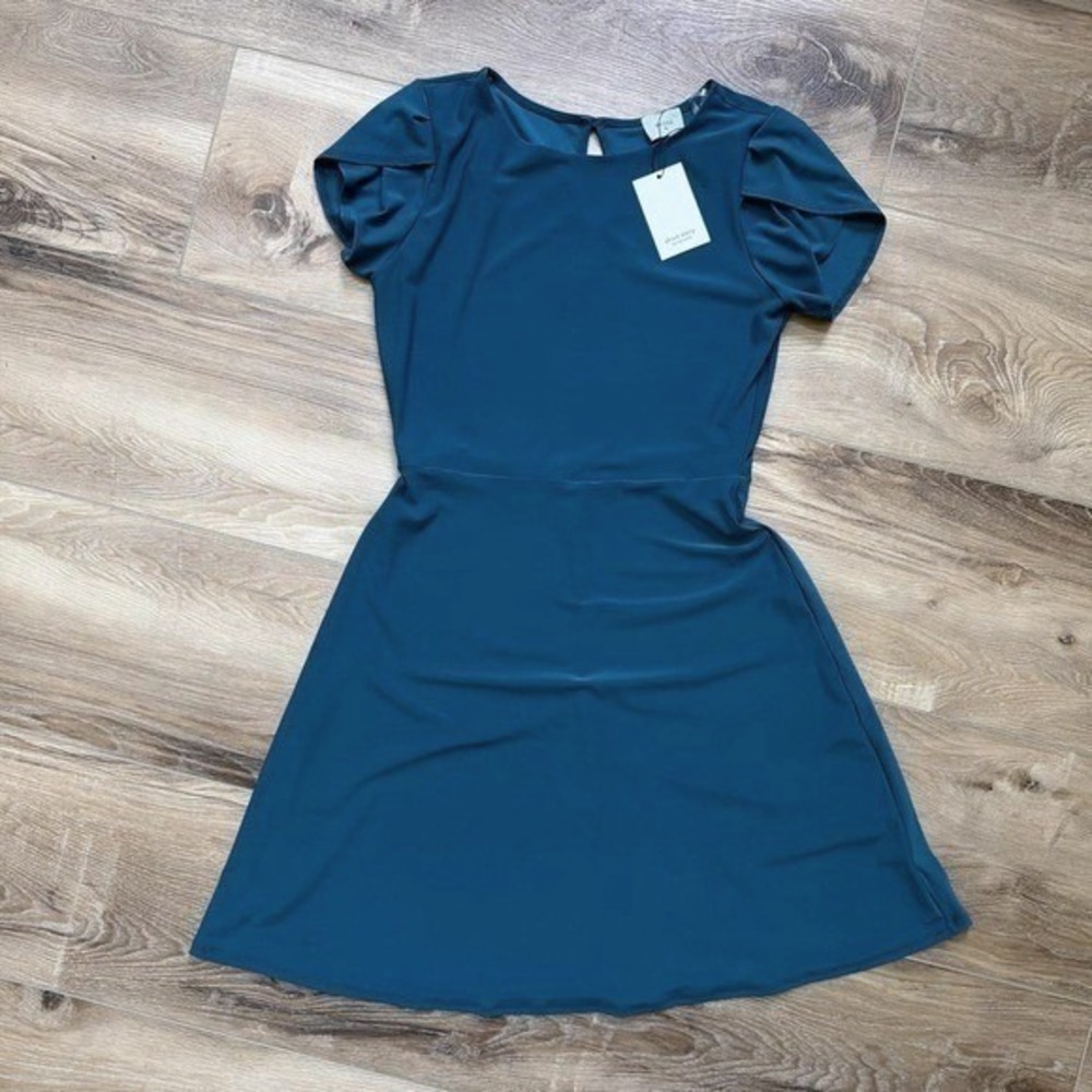 NWT Societe Teal Blue Puff Sleeve Skater Dress‎ Mini Shift SZ SP Petite Coquette